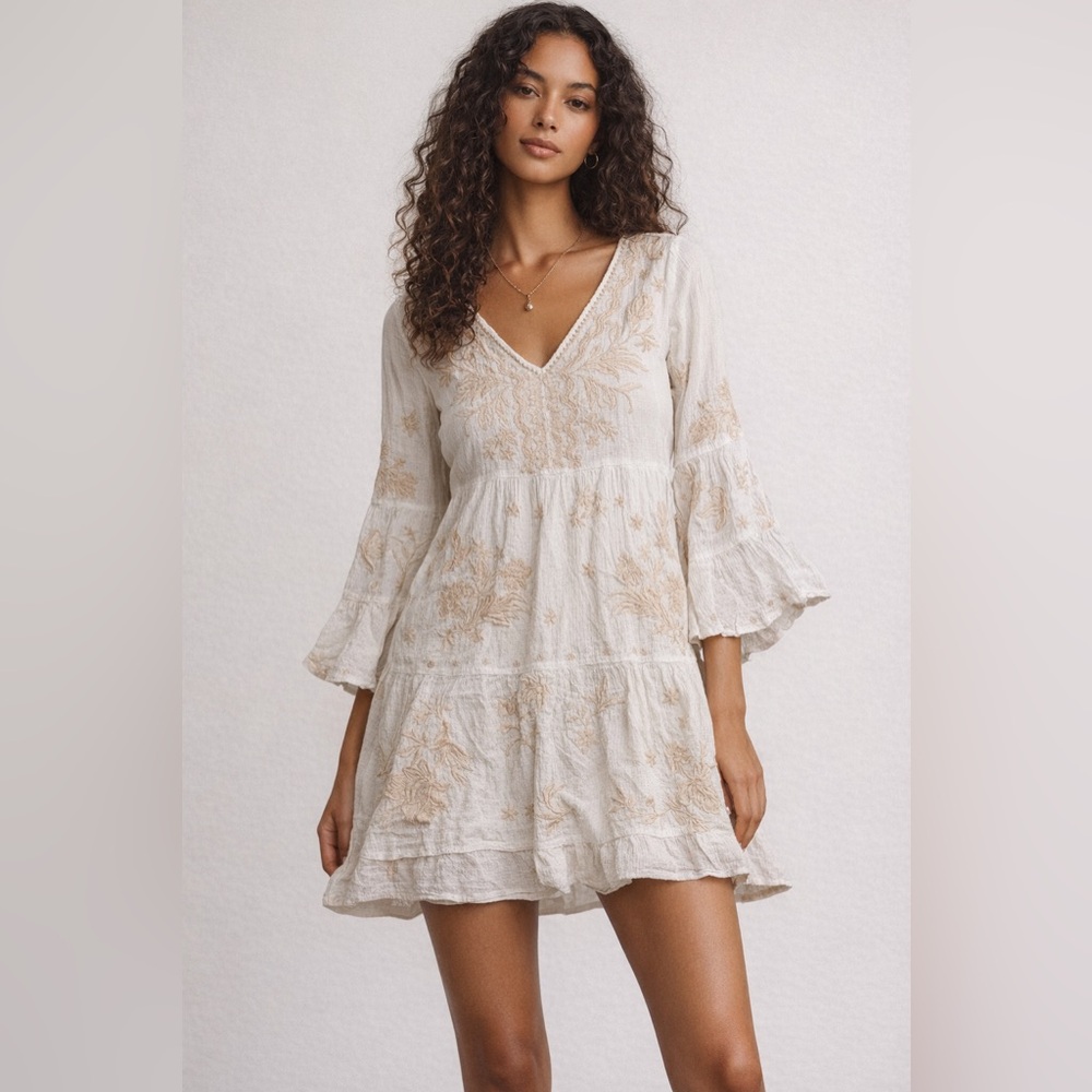 ✨🦚 Johnny Was Workshop Sheer Ivory Tiered Peacock Dress‎ Sz M 🦚✨